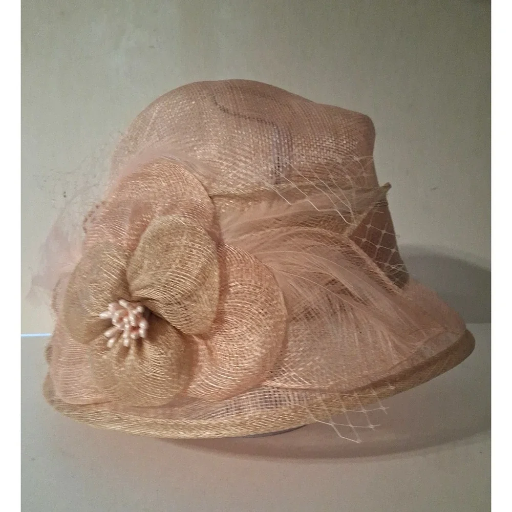 Women's Sinamay Cloche Pink Derby, Church, Wedding Hat Bow Netting Feathers